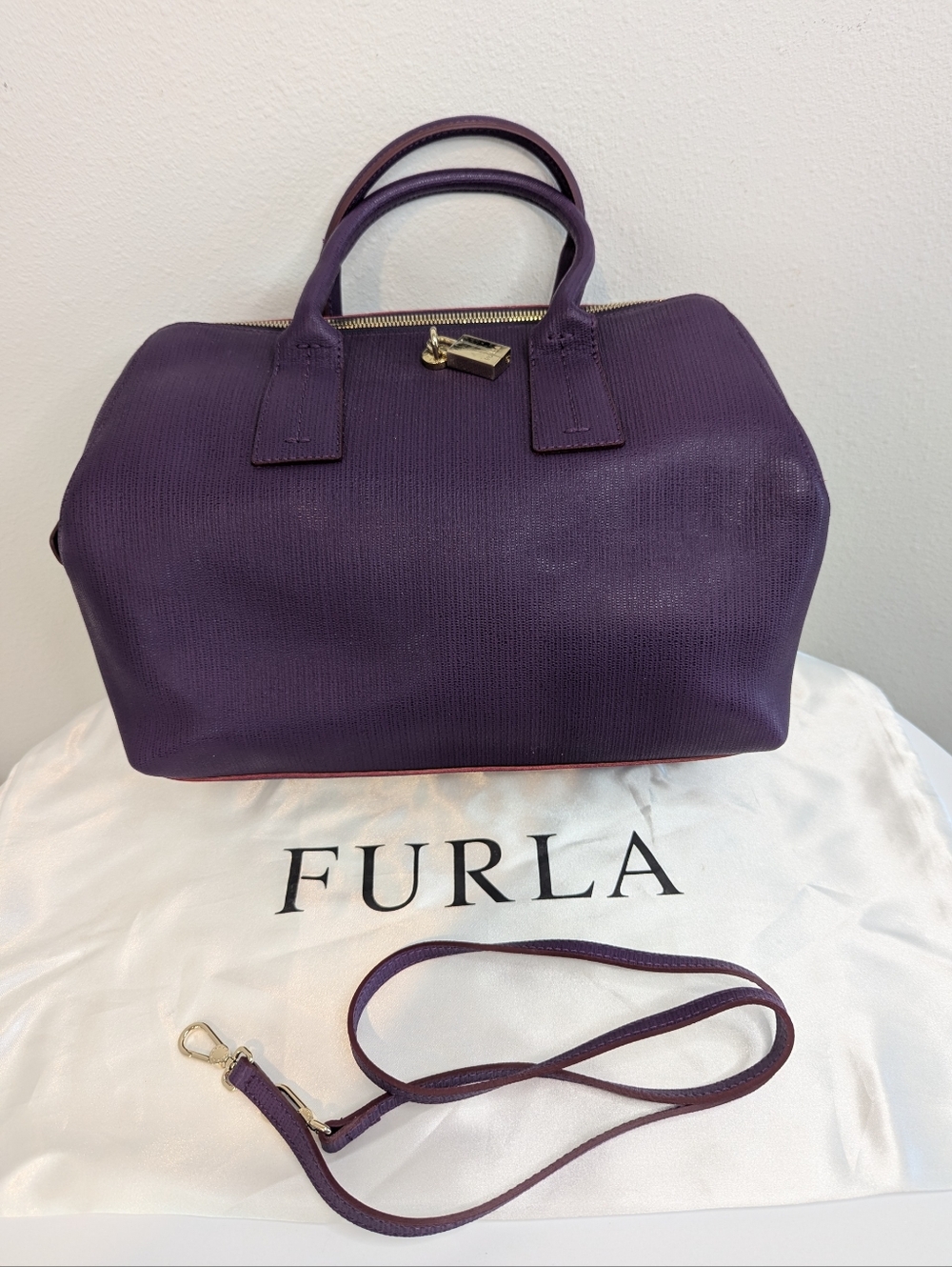 Furla Purple Saffiano Leather Barrel Satchel Bag w/Lock & Strap